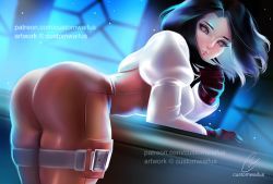 Rule 34 | 1girl, ass, belt, black hair, blush, bodysuit, breasts, curvy, custom waifus, final fantasy, final fantasy ix, garnet til alexandros xvii, gloves, huge ass, large breasts, latex, latex suit, leaning forward, lips, looking at viewer, looking back, purple eyes, shiny clothes, short hair, skin tight, solo, square enix, square soft, thick thighs, thigh strap, thighs, wide hips