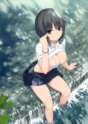 Rule 34 | 1girl, aoyama sumika, black hair, bra, breasts, clothes lift, coffee-kizoku, commentary request, day, expressionless, from above, full body, highres, leaf, looking at viewer, medium breasts, no shoes, outdoors, pleated skirt, river, shirt, shirt lift, short hair, sitting, skirt, solo, underwear, white shirt, yellow eyes