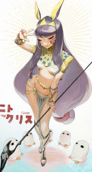 Rule 34 | 1girl, animal ears, blush, bracelet, breasts, character name, closed eyes, commentary request, dark-skinned female, dark skin, earrings, egyptian clothes, embarrassed, eyeshadow, facepaint, facial mark, facing viewer, fate/grand order, fate (series), full body, hairband, hand up, highres, hoop earrings, jackal ears, jewelry, long hair, low-tied long hair, makeup, medjed (fate), navel, nitocris (fate), pelvic curtain, purple hair, revealing clothes, sapysha, sidelocks, small breasts, staff, standing, stomach, underboob, very long hair, w