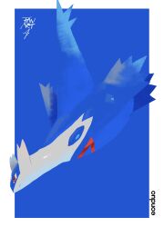 Rule 34 | absurdres, af (afloatisland), blue background, border, closed mouth, commentary request, creatures (company), from side, full body, game freak, gen 3 pokemon, highres, latios, legendary pokemon, nintendo, no humans, pokemon, pokemon (creature), red eyes, solo, white border
