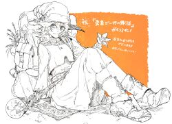 Rule 34 | 1girl, absurdres, bag, blue eyes, boots, flower, gauze, hat, highres, hirano ryouji, holding, holding flower, holding staff, knees up, long sleeves, looking at viewer, nina (yuusha goikkou no kaerimichi), official art, orb, partially colored, promotional art, robe, short hair, simple background, sitting, smile, solo, staff, white sleeves, witch hat, yuusha goikkou no kaerimichi