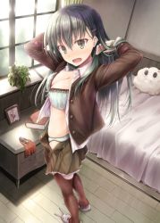 Rule 34 | 10s, 1girl, aqua bra, aqua hair, aqua panties, arms up, bed, bedroom, blazer, blush, book, bow, bow bra, bra, breasts, brown thighhighs, chest of drawers, cleavage, curtains, drawing (object), from behind, green eyes, hair between eyes, hair ornament, tucking hair, hairclip, highres, indoors, jacket, jewelry, kantai collection, lace, lace-trimmed bra, lace trim, long hair, long sleeves, looking at viewer, looking back, midriff, miss cloud, open clothes, open jacket, open mouth, open shirt, panties, perspective, plant, potted plant, rensouhou-chan, ring, shadow, shirt, skirt, slippers, solo, standing, suien, sunlight, suzuya (kancolle), thighhighs, unbuttoned, underwear, undressing, uniform, wedding band, white shirt, window, wing collar, wooden floor