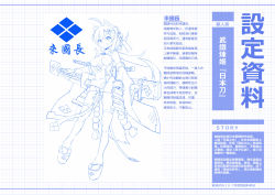 Rule 34 | 1girl, :d, absurdres, ahoge, animal ears, armor, bad id, bad pixiv id, bare shoulders, blue theme, breasts, cat ears, character profile, chinese text, crest, detached sleeves, family crest, fang, full body, grid background, hair between eyes, hair ornament, hand on hilt, head tilt, highres, japanese armor, katana, kusazuri, legs apart, leotard, lineart, long hair, long sleeves, looking at viewer, low ponytail, machinery, medium breasts, monochrome, open mouth, original, parted bangs, platform footwear, sandals, sidelocks, skindentation, smile, solo, sword, thighhighs, translation request, turtleneck, weapon, white background, wind chime, zelitto, zipper, zipper pull tab, zouri