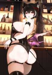 Rule 34 | 1girl, :o, absurdres, animal ear fluff, animal ears, arm strap, ass, bar (place), bare shoulders, black hair, black leotard, black thighhighs, bottle, breasts, cat ears, demon girl, demon horns, demon tail, demon wings, from behind, highres, horns, indoors, large breasts, leotard, long hair, looking at viewer, looking back, lumc, multicolored hair, open mouth, original, ponytail, purple wings, red eyes, sideboob, skindentation, solo, streaked hair, tail, thighhighs, two-tone hair, white hair, wings, wristband