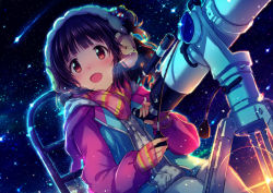 Rule 34 | 10s, 1girl, :d, animal earmuffs, bear, black hair, blunt bangs, blush, breath, brown eyes, cold, dutch angle, earmuffs, fingerless gloves, flat chest, gloves, hair ornament, holding, hood, hood down, hooded jacket, idolmaster, idolmaster million live!, ima (lm ew), jacket, light particles, long sleeves, looking up, nakatani iku, night, night sky, one side up, open clothes, open jacket, open mouth, pants, pink scarf, polka dot, scarf, short hair, sitting, sky, smile, solo, star (sky), telescope, twilight, white pants, zipper