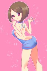 Rule 34 | 1girl, ass, blue sweater, blush, breasts, brown hair, butt crack, digimon, digimon adventure, drantyno, from behind, hair ornament, hairclip, looking at viewer, looking back, medium breasts, meme attire, pink background, pink eyes, short hair, smile, sparkle, standing, sweater, virgin killer sweater, yagami hikari