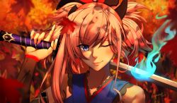 Rule 34 | 1girl, 2019, ;), arm up, autumn leaves, bare shoulders, blue eyes, blue fire, blue kimono, blurry, blurry background, blurry foreground, blush, closed mouth, collarbone, commentary request, day, depth of field, fate/grand order, fate (series), fingernails, fire, hair between eyes, hair ornament, holding, holding sword, holding weapon, japanese clothes, katana, kimono, kosumi, leaf, long hair, maple leaf, miyamoto musashi (fate), one eye closed, outdoors, over shoulder, pink hair, ponytail, signature, sleeveless, sleeveless kimono, smile, solo, sword, sword over shoulder, tree, upper body, weapon, weapon over shoulder