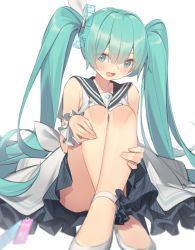 Rule 34 | 1girl, aqua hair, bare shoulders, black sailor collar, blue archive, blue eyes, blush, commentary, crossed legs, dress, hair between eyes, hatsune miku, kildir, long hair, looking at viewer, open mouth, sailor collar, sailor dress, shoes, simple background, sitting, sleeveless, sleeveless dress, solo, twintails, very long hair, vocaloid, white background, white dress, white footwear, wrist cuffs