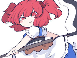 Rule 34 | 1girl, black sash, blue dress, blush stickers, brown sash, chahan (fried rice0614), closed mouth, dress, hair bobbles, hair ornament, holding, holding scythe, one-hour drawing challenge, onozuka komachi, red eyes, red hair, sash, scythe, short hair, short sleeves, simple background, smile, solo, touhou, two side up, white background, white dress