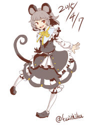 Rule 34 | 1girl, 2015, absurdres, animal ears, capelet, dated, grey hair, highres, mouse ears, mouse tail, nazrin, open mouth, red eyes, short hair, simple background, sketch, smile, solo, tail, the maa, touhou