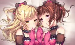 Rule 34 | 2girls, :o, alternate hairstyle, bang dream!, bed sheet, black bow, blonde hair, bow, brown eyes, brown hair, chiyonekoko, choker, detached sleeves, earrings, frilled choker, frills, gloves, hair bow, half updo, halterneck, hand on own chest, hand to own mouth, holding hands, ichigaya arisa, jewelry, long hair, looking at another, multiple girls, pink gloves, ponytail, romeo to cinderella (vocaloid), short sleeves, sidelocks, toyama kasumi, upper body, vocaloid, yellow eyes, yuri
