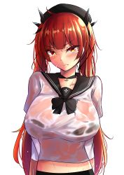 Rule 34 | 1girl, angry, arms behind back, azur lane, beret, blush, breasts, female focus, glaring, hat, highres, honolulu (azur lane), honolulu (umbrella girl) (azur lane), large breasts, long hair, looking at viewer, mistynight, red eyes, red hair, school uniform, scowl, see-through, shirt, simple background, solo, standing, twintails, upper body, very long hair, wet, wet clothes, wet shirt, white background