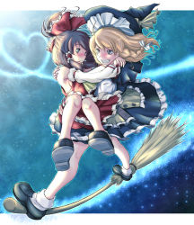 Rule 34 | 2girls, ao usagi, black hair, blonde hair, blush, bow, breasts, broom, broom riding, broom surfing, carrying, commentary, detached sleeves, female focus, flying, grin, hair bow, hakurei reimu, hat, heart, japanese clothes, kirisame marisa, legs, miko, multiple girls, princess carry, sideboob, smile, touhou, witch, witch hat, yuri
