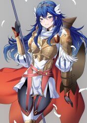 Rule 34 | 1girl, ameno (a meno0), armor, armored dress, belt, black gloves, black pantyhose, blue eyes, blue hair, blush, boots, breastplate, cape, closed mouth, crossed belts, dress, feathers, fire emblem, fire emblem awakening, fire emblem heroes, gloves, grey background, hair between eyes, hair ornament, holding, holding polearm, holding weapon, lips, long hair, looking at viewer, lucina (brave princess) (fire emblem), lucina (fire emblem), nintendo, official alternate costume, pantyhose, pink lips, polearm, red belt, red cape, shoulder armor, simple background, smile, solo, spear, tiara, two-tone cape, weapon, white armor, white cape, white footwear, winged hair ornament