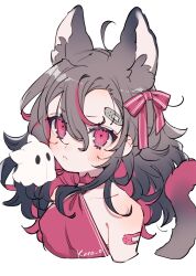 Rule 34 | 1girl, absurdres, animal ear fluff, animal ears, bandaid, bare shoulders, black hair, blush, cat tail, closed mouth, hair between eyes, hair ribbon, highres, jikuno, multicolored hair, original, portrait, red hair, red ribbon, ribbon, simple background, solo, tail, upper body, wavy hair, white background