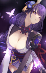 Rule 34 | 1girl, armor, black background, blunt bangs, breasts, bridal gauntlets, bug, butterfly, cleavage, cowboy shot, dutch angle, flower, genshin impact, highres, insect, japanese clothes, kedama (kdmsato), kimono, large breasts, leaning forward, long hair, looking at viewer, low-braided long hair, low-tied long hair, mole, mole under eye, obi, obiage, obijime, parted lips, purple butterfly, purple eyes, purple flower, purple hair, purple kimono, purple thighhighs, raiden shogun, sash, shoulder armor, solo, thighhighs