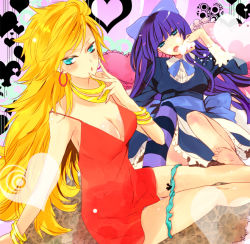 Rule 34 | 10s, 2girls, blonde hair, blue eyes, blue hair, bow, eating, hair bow, jewelry, legs, long hair, lots of jewelry, miko (yayamiko), multiple girls, panties, panties around leg, panty &amp; stocking with garterbelt, panty (psg), siblings, sisters, stocking (psg), striped clothes, striped legwear, striped thighhighs, thighhighs, underwear
