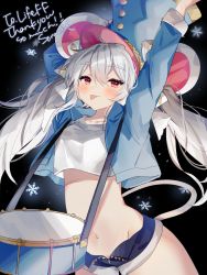 Rule 34 | 1girl, animal ears, arms up, blue hat, blue jacket, blue shorts, commission, cowboy shot, crop top, crop top overhang, cropped jacket, drum, dungeon and fighter, grey hair, hat, highres, instrument, jacket, lifeff, long hair, long sleeves, looking at viewer, micro shorts, midriff, mouse ears, mouse girl, mouse tail, navel, open clothes, open fly, open jacket, red eyes, revealing clothes, second-party source, shirt, short shorts, shorts, smile, solo, sorani (kaeru0768), stomach, tail, thighs, tongue, tongue out, twintails, white shirt