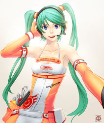 Rule 34 | 1girl, blue eyes, elbow gloves, gloves, goodsmile company, green hair, hatsune miku, headset, kyousakee, long hair, pov, race queen, racing miku, racing miku (2010), solo, tools, twintails, vocaloid, wrench