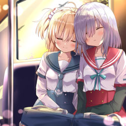 Rule 34 | 2girls, ayano rika, bag, blonde hair, blush, chuo academy school uniform, closed eyes, closed mouth, isuzu ren, leaning on person, long sleeves, magia record: mahou shoujo madoka magica gaiden, mahou shoujo madoka magica, multiple girls, parted lips, rikopin, school bag, school uniform, serafuku, short hair, side-by-side, silver hair, sitting, sleeping, sleeping upright, smile, train interior, twintails