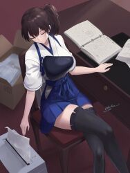 Rule 34 | 1girl, black thighhighs, blue hakama, book, box, breasts, brown hair, cardboard box, closed eyes, commentary request, crossed legs, dated, hair between eyes, hakama, hakama skirt, highres, indoors, japanese clothes, kaga (kancolle), kaga kai ni (kancolle), kantai collection, kimono, large breasts, long hair, muneate, odachu, on chair, open book, paper, pleated skirt, printer, short sleeves, side ponytail, signature, sitting, skirt, solo, table, thighhighs, white kimono