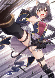 Rule 34 | 1girl, animal ear fluff, animal ears, bare shoulders, black hair, black thighhighs, blush, breasts, cat ears, cat girl, cat tail, cluseller, commentary request, covering privates, covering crotch, detached sleeves, fang, frills, garter straps, green eyes, highres, karyl (princess connect!), long hair, long sleeves, looking at viewer, low twintails, medium breasts, multicolored hair, open mouth, princess connect!, small breasts, solo, speed lines, spread legs, streaked hair, tail, tears, thighhighs, twintails, very long hair, white hair, wide sleeves