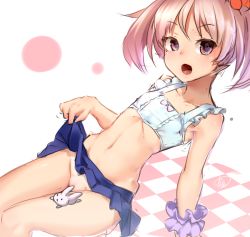 Rule 34 | 10s, 1girl, :o, ayagi daifuku, blush, censored, checkered floor, clothes lift, collarbone, flat chest, flower, hair flower, hair ornament, kantai collection, looking at viewer, navel, no panties, novelty censor, pink eyes, pink hair, pleated skirt, rabbit, sazanami (kancolle), scrunchie, short twintails, simple background, sketch, skirt, skirt lift, solo, swimsuit, twintails, wrist cuffs, wrist scrunchie