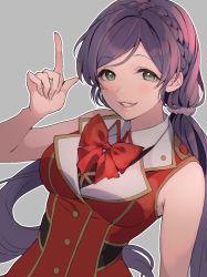 Rule 34 | 1girl, absurdres, bare shoulders, bow, breasts, commentary request, dress, green eyes, grey background, grin, hair ornament, hair scrunchie, highres, idol, index finger raised, kate iwana, large breasts, long hair, looking at viewer, love live!, love live! school idol festival, love live! school idol project, low twintails, purple hair, purple scrunchie, red bow, red dress, scrunchie, sleeveless, sleeveless dress, smile, tojo nozomi, twintails
