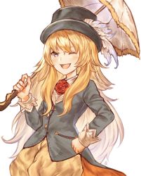 Rule 34 | 1girl, blonde hair, flower ornament, hakumai (hakumai art), hat, hat feather, highres, holding, holding umbrella, long hair, looking at viewer, one eye closed, open mouth, rune factory, rune factory frontier, selphy, solo, umbrella, upper body
