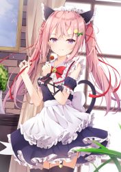 Rule 34 | 1girl, apron, bell, black scrunchie, black thighhighs, bow, candy, cat tail, food, frills, garter straps, hair ornament, hair ribbon, jingle bell, lollipop, long hair, madotsukumo, maid, maid apron, maid headdress, original, pink hair, purple eyes, red bow, red ribbon, ribbon, scrunchie, solo, standing, tail, thighhighs, twintails, wrist scrunchie