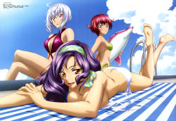 Rule 34 | 3girls, absurdres, ahoge, armpits, barefoot, beach towel, beads, bikini, blue eyes, blue sky, blush, bob cut, breast press, breasts, brown eyes, butt crack, casual one-piece swimsuit, cleavage, cloud, crossed legs, day, feet, flipped hair, foreshortening, green bikini, hair beads, hair ornament, hair over shoulder, hairband, halterneck, headband, highres, holding, holding own arm, ichikawa yoshiyuki, inflatable, inflatable dolphin, inflatable toy, kisaragi minase, large breasts, legs, legs up, lipstick, long hair, long legs, looking at viewer, looking back, lying, makeup, megami magazine, multiple girls, naomi sinclair, non-web source, o-ring, o-ring swimsuit, official art, on stomach, one-piece swimsuit, orange eyes, outdoors, polka dot, polka dot bikini, polka dot swimsuit, pool ladder, poolside, purple bikini, purple hair, red eyes, red hair, red lips, scan, shiny skin, shizu (star plus one), shizuka (star plus one), short hair, side-tie bikini bottom, side ponytail, sideboob, silver hair, sitting, sky, small breasts, smile, soles, star plus one, striped, sun, swimsuit, toes, topfreedom, topless, towel, two side up, untied bikini, wavy hair, white bikini