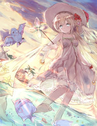 Rule 34 | 1girl, animal, azur lane, bare shoulders, barefoot, blue eyes, blush, breasts, closed mouth, cloud, cloudy sky, commentary request, dress, dutch angle, fish, fish request, flower, hair between eyes, hair flower, hair ornament, hanagin, hat, hat flower, highres, holding, house, light brown hair, long hair, outdoors, partially submerged, partially underwater shot, pinwheel, red flower, sky, sleeveless, sleeveless dress, small breasts, smile, soles, solo, standing, standing on one leg, sun hat, sunset, tanikaze (azur lane), tropical fish, underwater, very long hair, wading, water, white dress, white hat, windmill, wrist cuffs, yellow flower