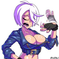 Rule 34 | 1girl, angel (kof), bonk150art, breasts, cleavage, closed eyes, fingerless gloves, gloves, highres, large breasts, long sleeves, one eye covered, short hair, sweat, teeth, the king of fighters, white background, white hair, wrestling outfit