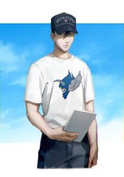 Rule 34 | 1boy, absurdres, baseball cap, black eyes, black hair, hat, highres, holding, holding tablet pc, leaning back, looking to the side, macross, macross delta, male focus, messer ihlefeld, mosako, shirt, sky, solo, tablet pc, white shirt