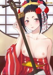 Rule 34 | 1girl, absurdres, architecture, arm up, bare shoulders, black hair, blush, breasts, closed mouth, dress, east asian architecture, flower, geisha, hair flower, hair ornament, hand up, headdress, highres, holding, holding instrument, indoors, instrument, japanese clothes, kanden sky, medium breasts, nipples, orange eyes, original, red dress, red flower, shamisen, short hair, small nipples, striped clothes, striped dress, white flower, window