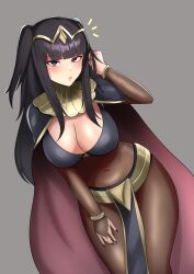 Rule 34 | 1girl, :o, absurdres, black eyes, black hair, blunt bangs, bodystocking, bracelet, breasts, bridal gauntlets, cleavage, collar, commentary, covered navel, english commentary, fire emblem, fire emblem awakening, grey background, hair ornament, highres, jewelry, large breasts, long hair, looking at viewer, nintendo, pelvic curtain, simple background, skin tight, solo, tharja (fire emblem), tiara, two side up, zet (twt zet)