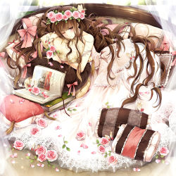 Rule 34 | 1girl, bare arms, bare shoulders, book, brown eyes, brown hair, bug, butterfly, dress, flower, hagiwara rin, hair flower, hair ornament, insect, long hair, lying, hugging object, on bed, on side, one eye closed, original, pillow, pillow hug, pink flower, pink rose, rose, sleeveless, sleeveless dress, solo, very long hair, white dress, wink