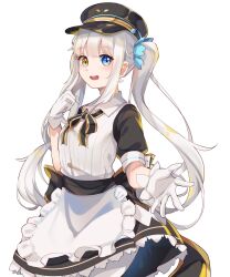 Rule 34 | 1girl, :d, absurdres, apron, black bow, black dress, black hat, blue eyes, bow, brown eyes, collared dress, commentary request, dress, frilled apron, frills, gloves, grey hair, hand up, hat, heterochromia, highres, kagura gumi, kagura mea, long hair, looking at viewer, open mouth, peaked cap, puffy short sleeves, puffy sleeves, short sleeves, simple background, smile, solo, twintails, very long hair, virtual youtuber, waist apron, white apron, white background, white gloves, xuu shi times