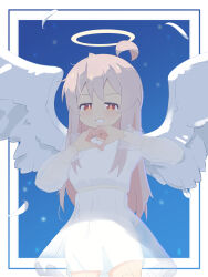 Rule 34 | 1girl, absurdres, ahoge, angel, angel wings, blue background, brown eyes, colored inner hair, commentary, cowboy shot, dot nose, dress, feathered wings, feathers, framed, grey hair, grin, halo, heart, heart hands, highres, long hair, long sleeves, looking at viewer, multicolored hair, onii-chan wa oshimai!, oyama mahiro, pink hair, simple background, smile, solo, two-tone hair, white dress, white wings, wings, yama h15