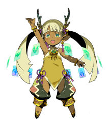 Rule 34 | 1girl, antlers, arm up, blonde hair, bracelet, card, colored eyelashes, earrings, etrian odyssey, eyebrows, floating, floating object, full body, green eyes, himukai yuuji, horns, jewelry, long hair, official art, open mouth, pointy ears, round teeth, sekaiju no meikyuu, sekaiju no meikyuu 5, shaman (sekaiju), simple background, sleeveless, solo, teeth, thick eyebrows, twintails, white background