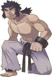 Rule 34 | 1boy, barefoot, black eyes, black hair, bruno (pokemon), clenched hand, closed mouth, collarbone, creatures (company), elite four, frown, full body, game freak, grey pants, kneeling, large pectorals, long hair, long sideburns, male focus, muscular, muscular male, nintendo, official art, on one knee, pants, pectorals, pokemon, pokemon frlg, ponytail, sideburns, solo, sugimori ken, toes, transparent background