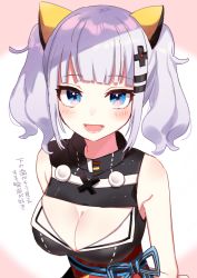 Rule 34 | 1girl, :d, animal ears, bad id, bad twitter id, bare shoulders, blue eyes, blush, breasts, cleavage, commentary request, fake animal ears, hair ornament, hairpin, kaguya luna, light purple hair, looking at viewer, manio, medium breasts, obi, open mouth, sash, sidelocks, smile, solo, translation request, twintails, upper body, virtual youtuber, x hair ornament