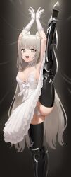 Rule 34 | 1girl, absurdres, armor, armpits, arms up, ass, bare shoulders, black survival, black thighhighs, bound, bound wrists, breasts, bright pupils, choker, doll joints, dress, eternal return: black survival, gloves, goback, greaves, grey eyes, grey hair, highres, joints, leg up, long hair, looking at viewer, medium breasts, nina (black survival), open mouth, panties, puppet, smile, solo, split, standing, standing on one leg, standing split, strapless, strapless dress, string, thighhighs, underwear, very long hair, white choker, white dress, white gloves, white panties