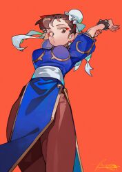 Rule 34 | 1girl, absurdres, arm behind head, arm up, arms up, belt, blue dress, breasts, brown eyes, brown hair, brown pants, bun cover, capcom, china dress, chinese clothes, chun-li, closed mouth, dated, dress, earrings, from below, gold trim, hair bun, hair ribbon, highres, jewelry, linween, looking at viewer, looking down, medium breasts, pants, pelvic curtain, red background, ribbon, short hair, signature, solo, standing, street fighter, stretching, white belt, white ribbon
