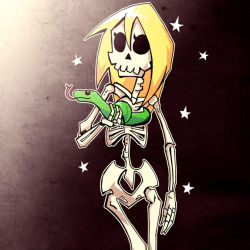 Rule 34 | blonde hair, bone, colored skin, contrapposto, cowboy shot, forked tongue, green skin, hip bones, original, ribs, setz, skeleton, snake, solo, spine, standing, star (symbol), tongue, tongue out, what