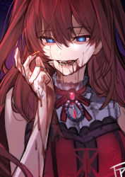 Rule 34 | 1girl, absurdres, bare shoulders, blood, blood on face, blood on clothes, blood on hands, blue eyes, fpanda, highres, ichinose shiki, idolmaster, idolmaster cinderella girls, licking lips, red hair, ribbon, sharp teeth, solo, teeth, tongue, tongue out