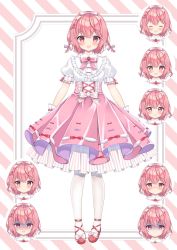 Rule 34 | 1girl, ^ ^, blush, bow, braid, character sheet, closed eyes, closed mouth, concept art, frills, full body, gloves, hair bow, highres, indie virtual youtuber, maisaki berry, miwa uni, open mouth, pink eyes, pink footwear, pink hair, puffy short sleeves, puffy sleeves, short hair, short sleeves, side braid, solo, striped, striped background, virtual youtuber, white background, white gloves, white legwear