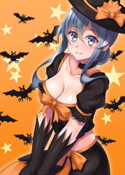 Rule 34 | 1girl, bat background, black choker, black gloves, black hat, black skirt, blue eyes, blue hair, breasts, choker, cleavage, commentary request, gloves, gotland (kancolle), halloween, hat, highres, kantai collection, large breasts, looking at viewer, midriff, mole, mole under eye, orange background, ruin re birth, skirt, solo, star (symbol), starry background, witch hat, yellow eyes