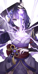 Rule 34 | 1girl, absurdres, apicium, armor, braid, breasts, bridal gauntlets, cleavage, closed mouth, commentary request, electricity, floral print, flower, genshin impact, hair ornament, highres, holding, holding sword, holding weapon, human scabbard, japanese clothes, kimono, large breasts, long hair, long sleeves, looking at viewer, mitsudomoe (shape), mole, mole under eye, nail polish, obi, obiage, obijime, purple eyes, purple flower, purple hair, purple nails, raiden shogun, ribbon, sash, shoulder armor, simple background, solo, sword, tassel, tomoe (symbol), weapon, white background, wide sleeves