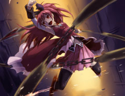Rule 34 | 10s, 1girl, bare shoulders, black thighhighs, boots, bow, chain, hair bow, highres, iwaya, mahou shoujo madoka magica, mahou shoujo madoka magica (anime), motion blur, ponytail, red eyes, red hair, sakura kyoko, solo, thighhighs, weapon, zettai ryouiki